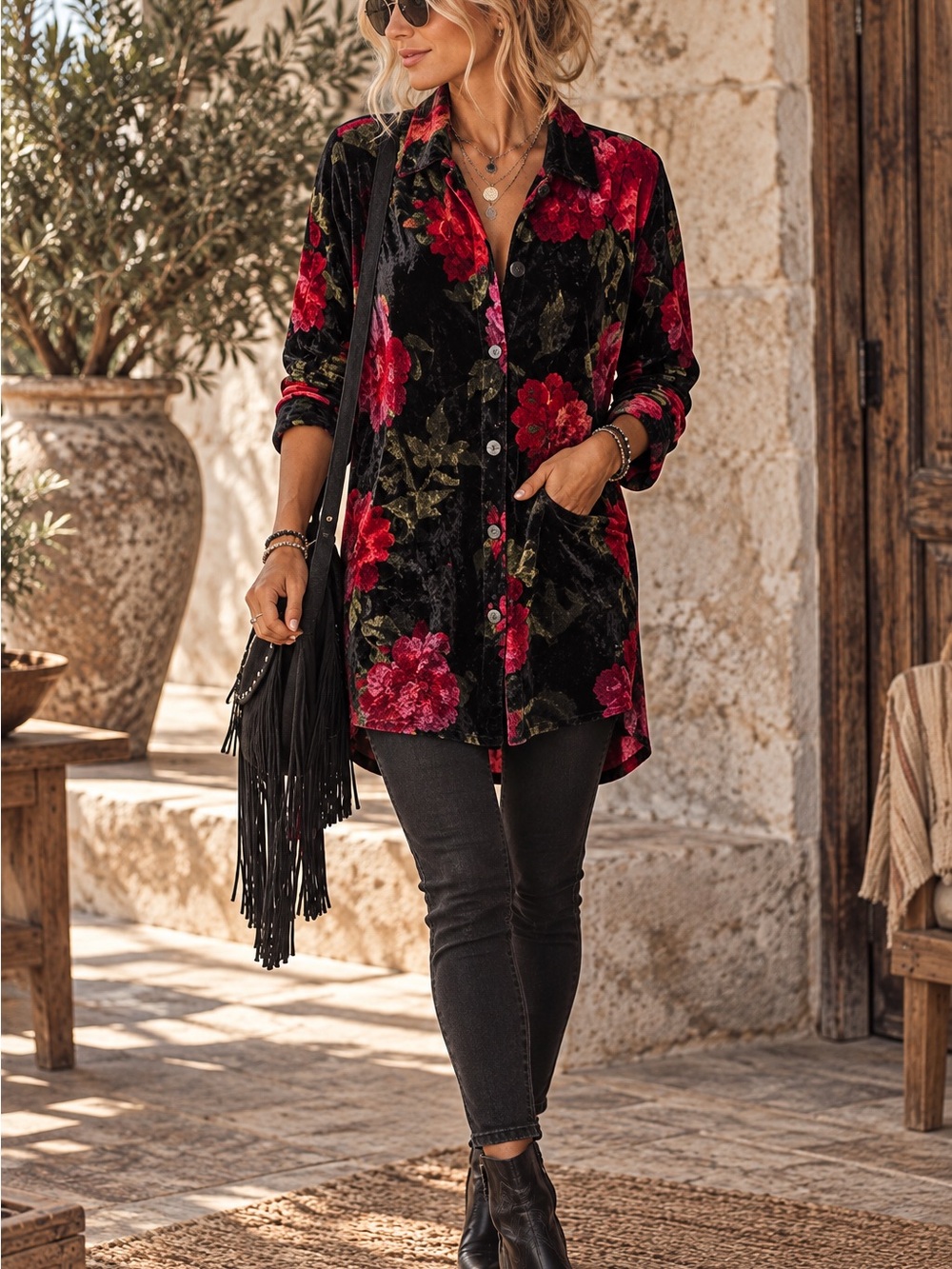 Coldwater Creek Velvet Black Button-Down Shirt with Red Floral Print